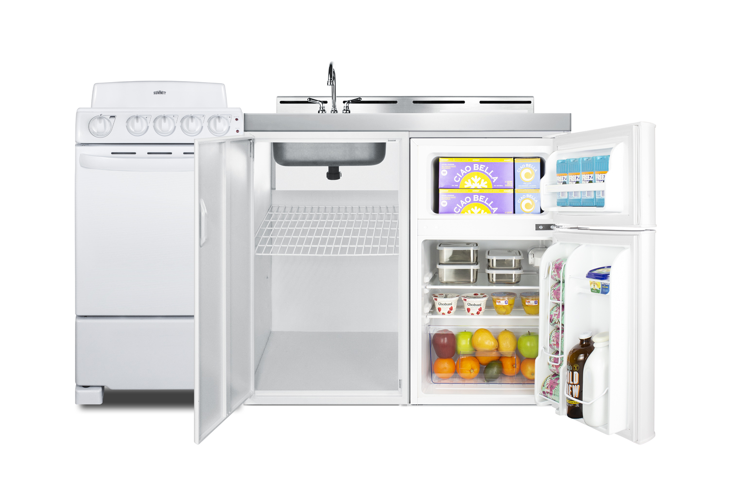 60 inch wide all-in-one kitchenette with 220V 4-element electric coil range, refrigerator-freezer, sink, cutting board and cutlery storage, and a storage cabinet